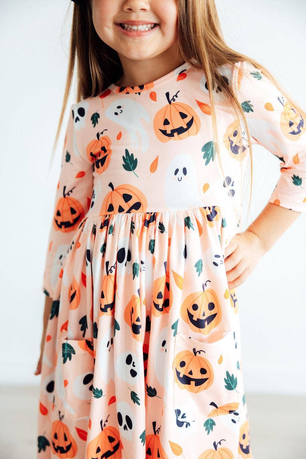 Mila & Rose - Pumpkin Peekaboo 3/4 Sleeve Pocket Twirl Dress Mila & Rose - Pumpkin Peekaboo 3/4 Sleeve Pocket Twirl Dress